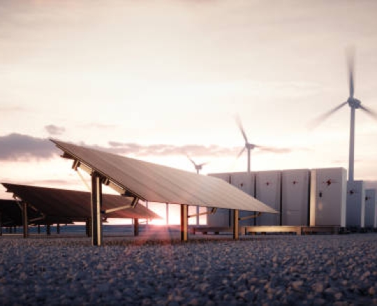 Dawn of new renewable energy technologies. Modern, aesthetic and efficient dark solar panel panels, a modular battery energy storage system and a wind turbine system in warm light. 3D rendering.